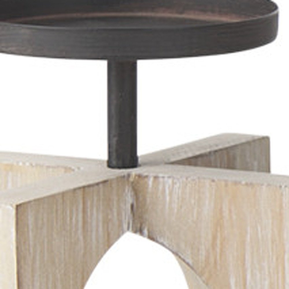 9" Black Distressed Geometric Solid Wood And Metal Tabletop Pillar Candle Holder