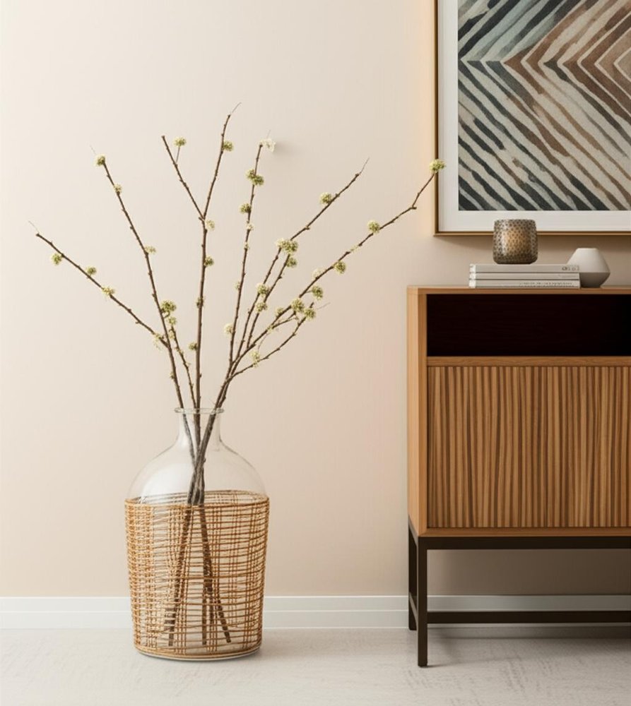 20" Clear And Natural Glass Round Floor Vase With Wrapped Rattan