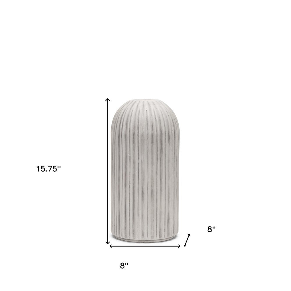 16" Gray And White Striped Ceramic Cylinder Floor Vase