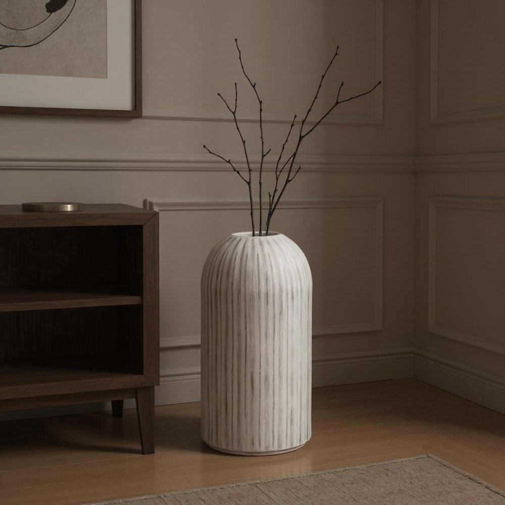 16" Gray And White Striped Ceramic Cylinder Floor Vase