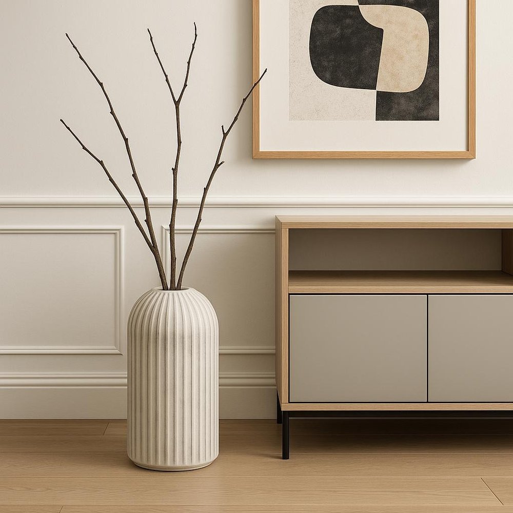 16" Gray And White Striped Ceramic Cylinder Floor Vase
