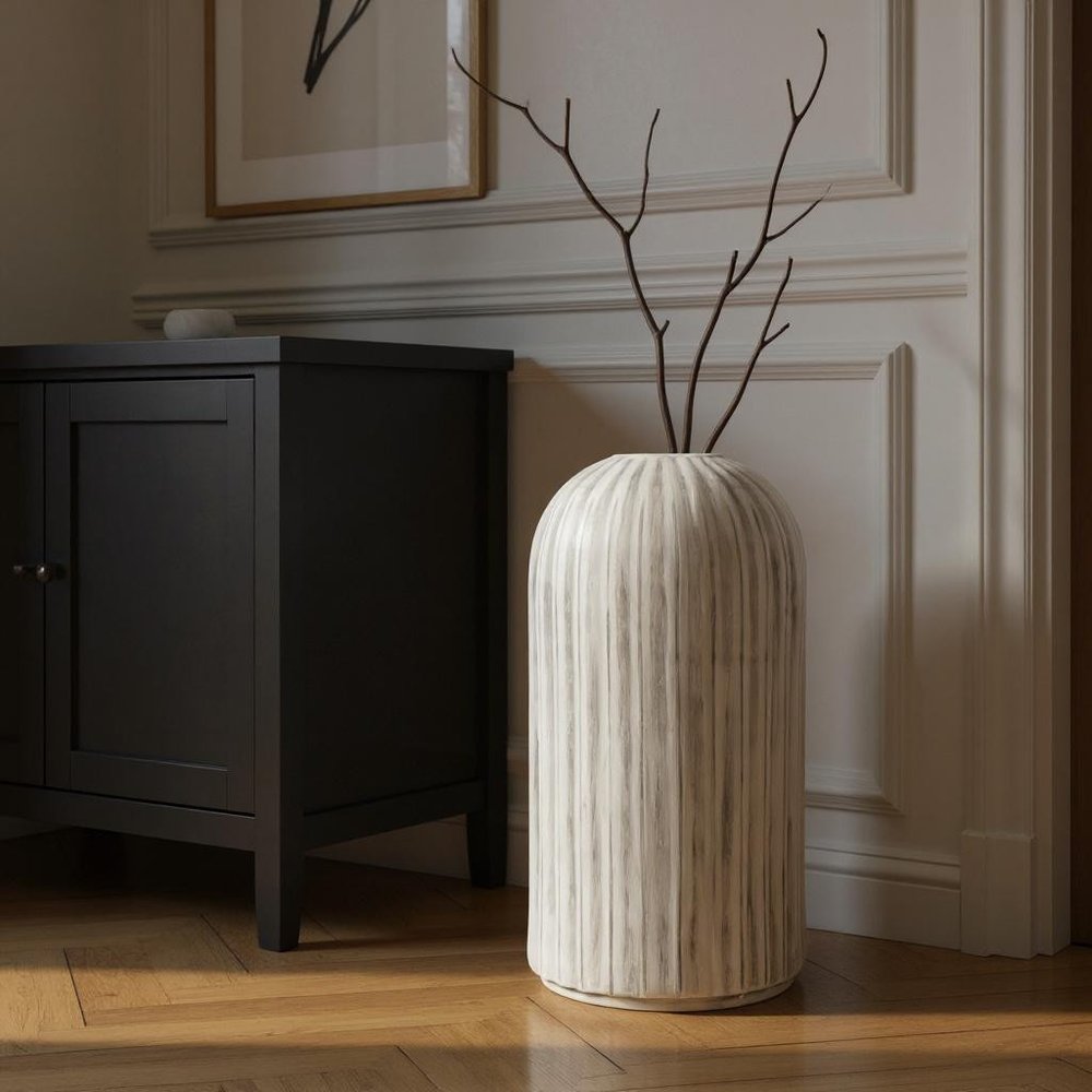 21" Gray And White Striped Ceramic Cylinder Floor Vase