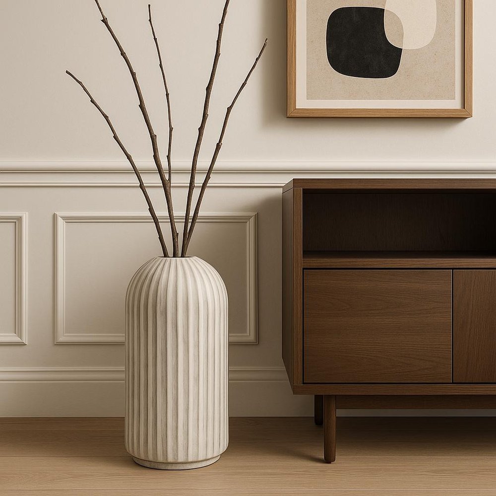 21" Gray And White Striped Ceramic Cylinder Floor Vase