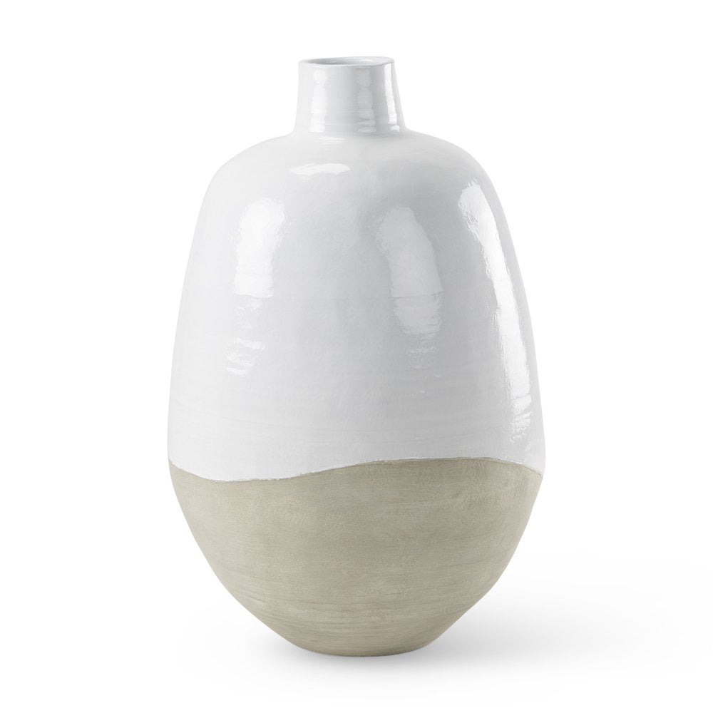 32" Beige And White Color Block Ceramic Round Floor Vase