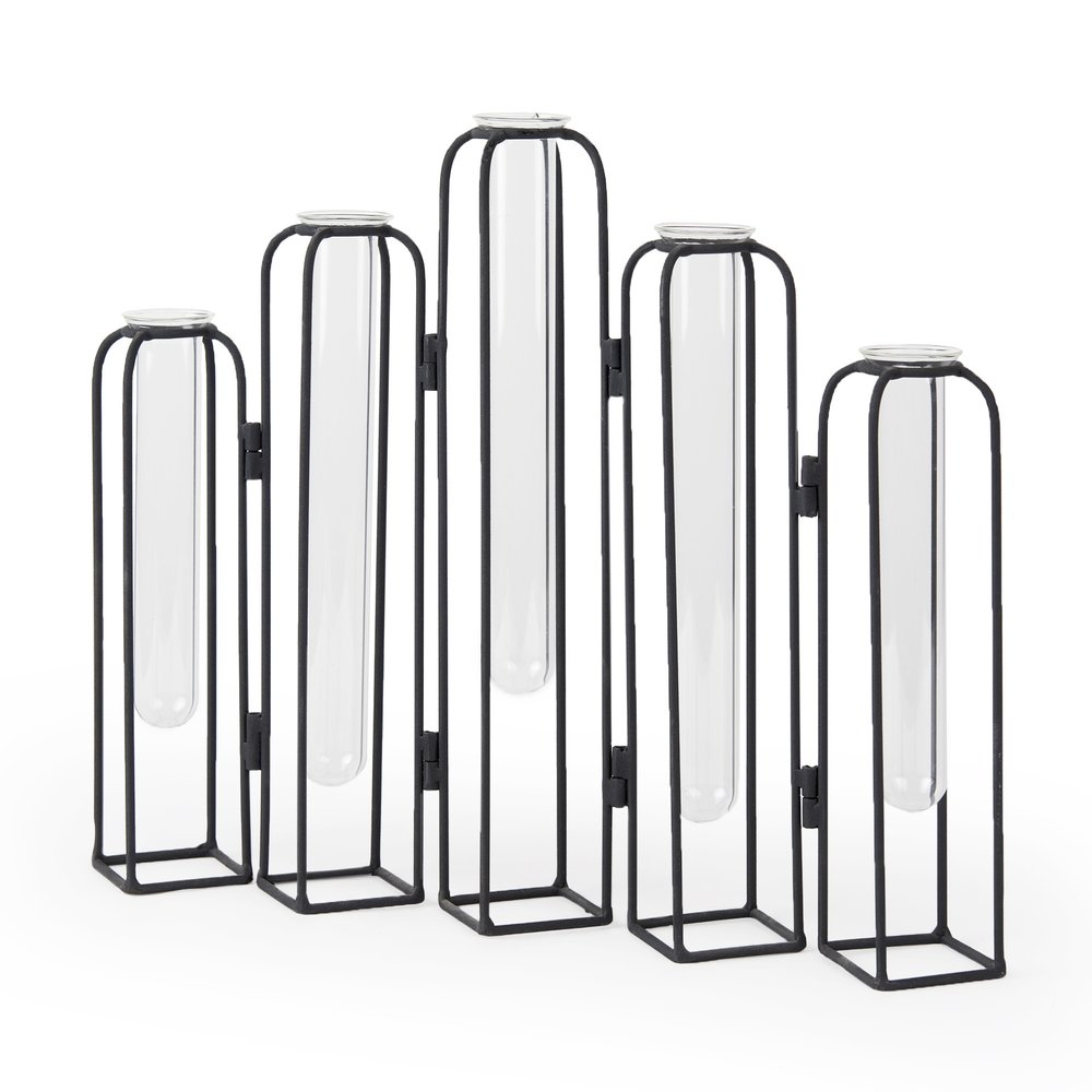 11" Black And Clear Glass And Metal Table Vase