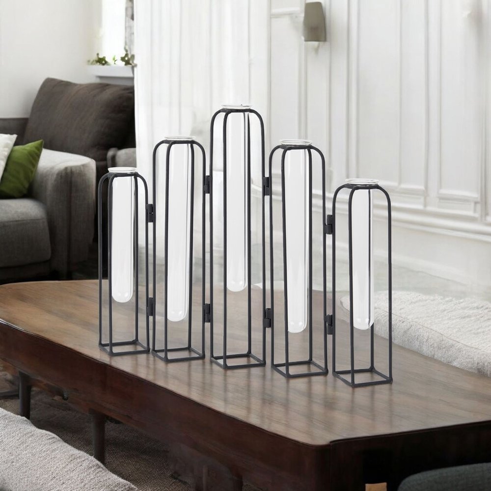 11" Black And Clear Glass And Metal Table Vase