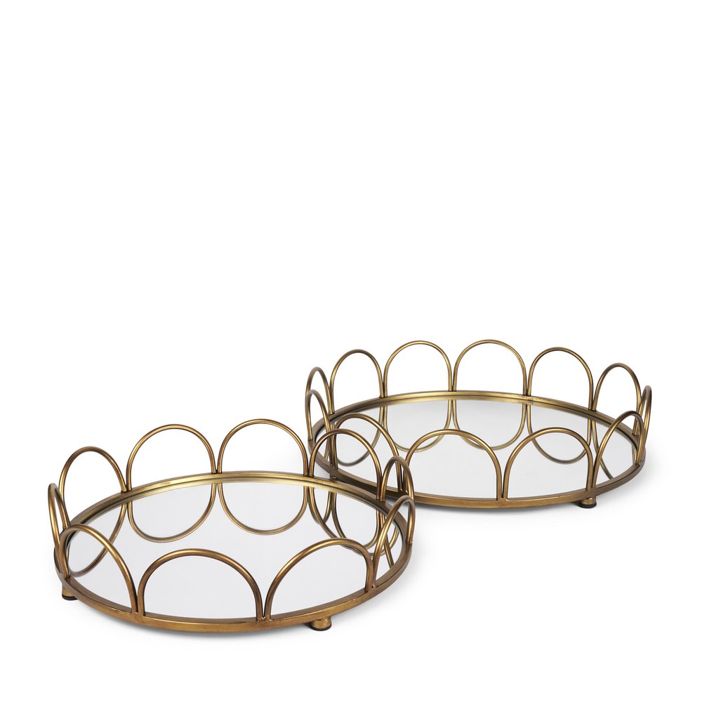 Set of Two Antiqued Gold Metal And Mirrored Glass Round Vanity Trays