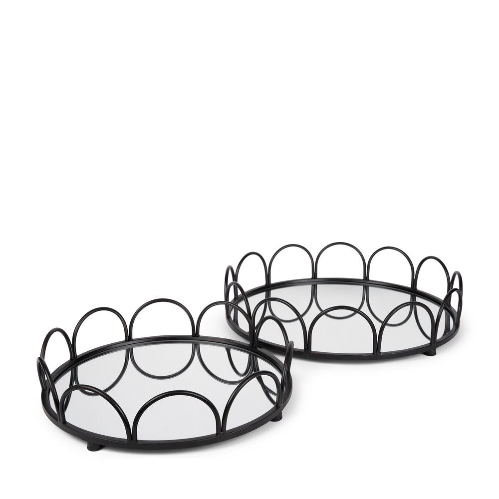 Set of Two Black And Silver Metal And Mirrored Glass Round Vanity Trays