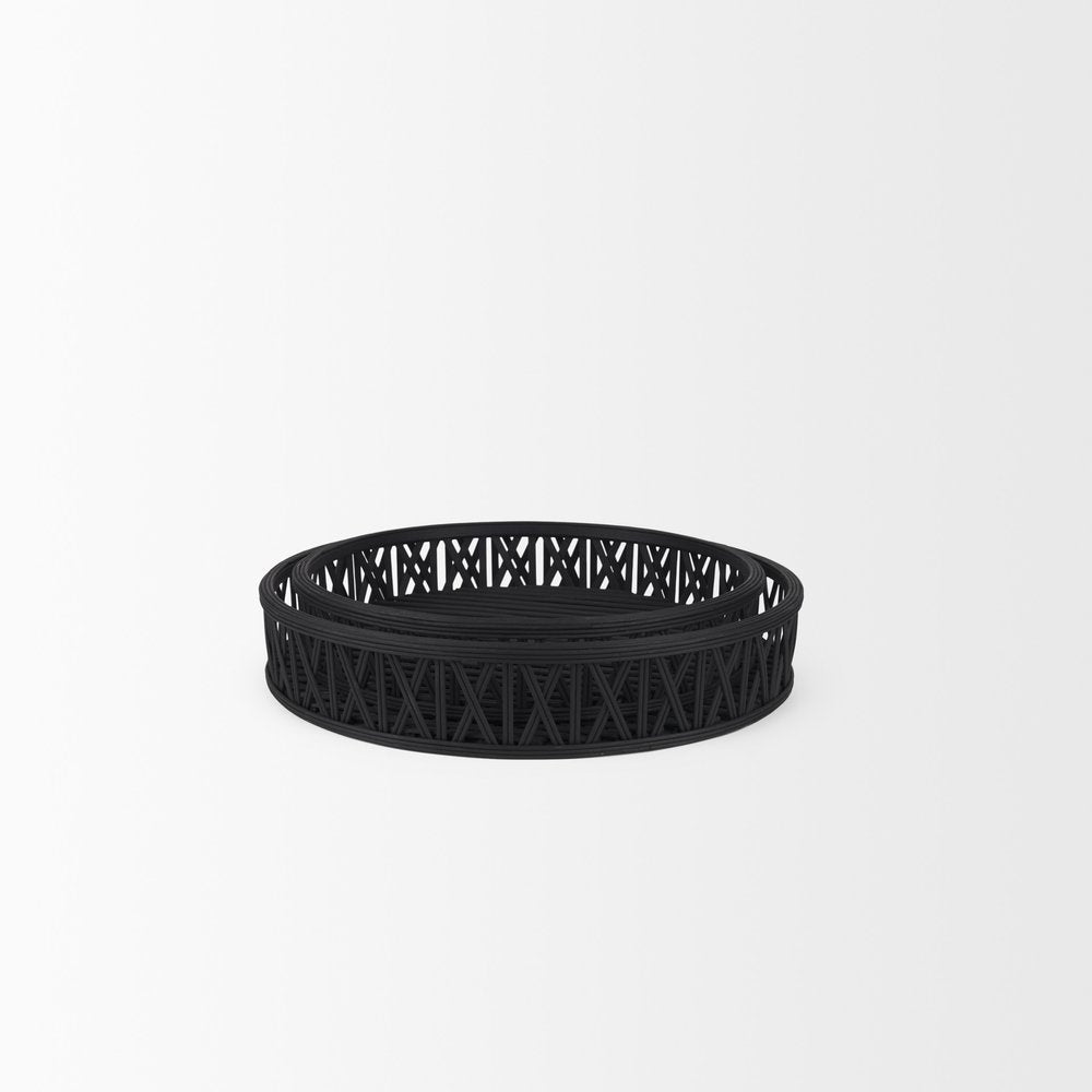 Set of Two Black Round Wicker Handmade Serving Trays