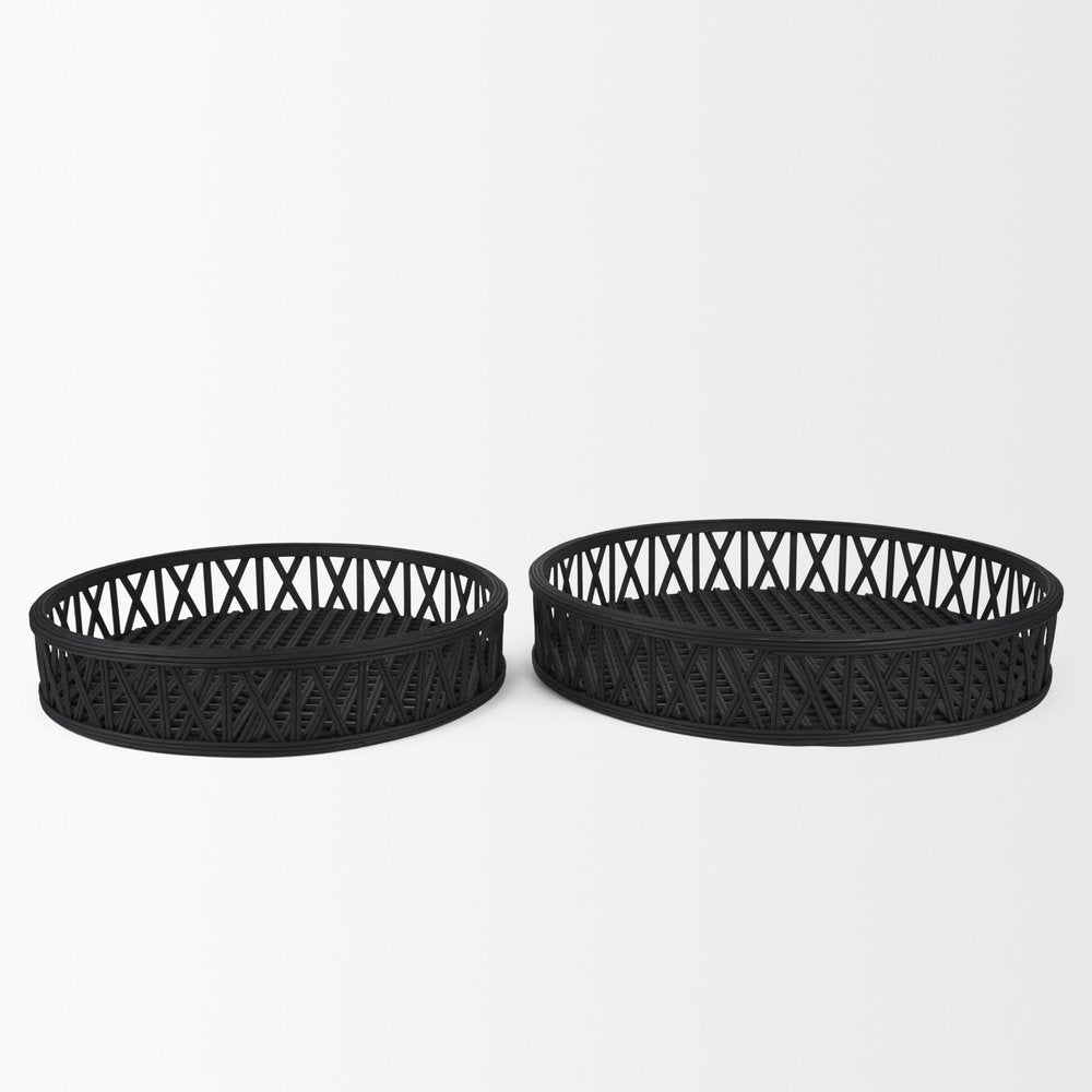 Set of Two Black Round Wicker Handmade Serving Trays