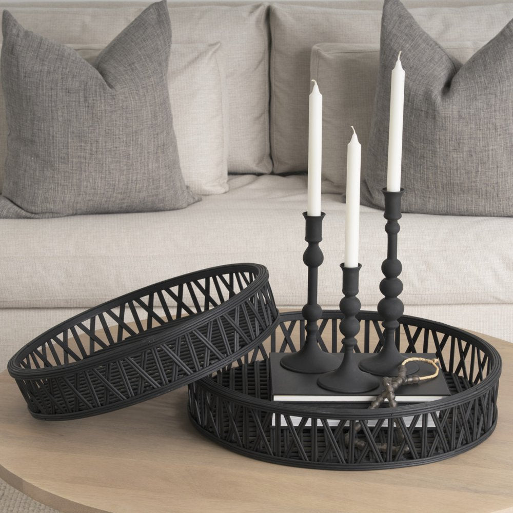 Set of Two Black Round Wicker Handmade Serving Trays