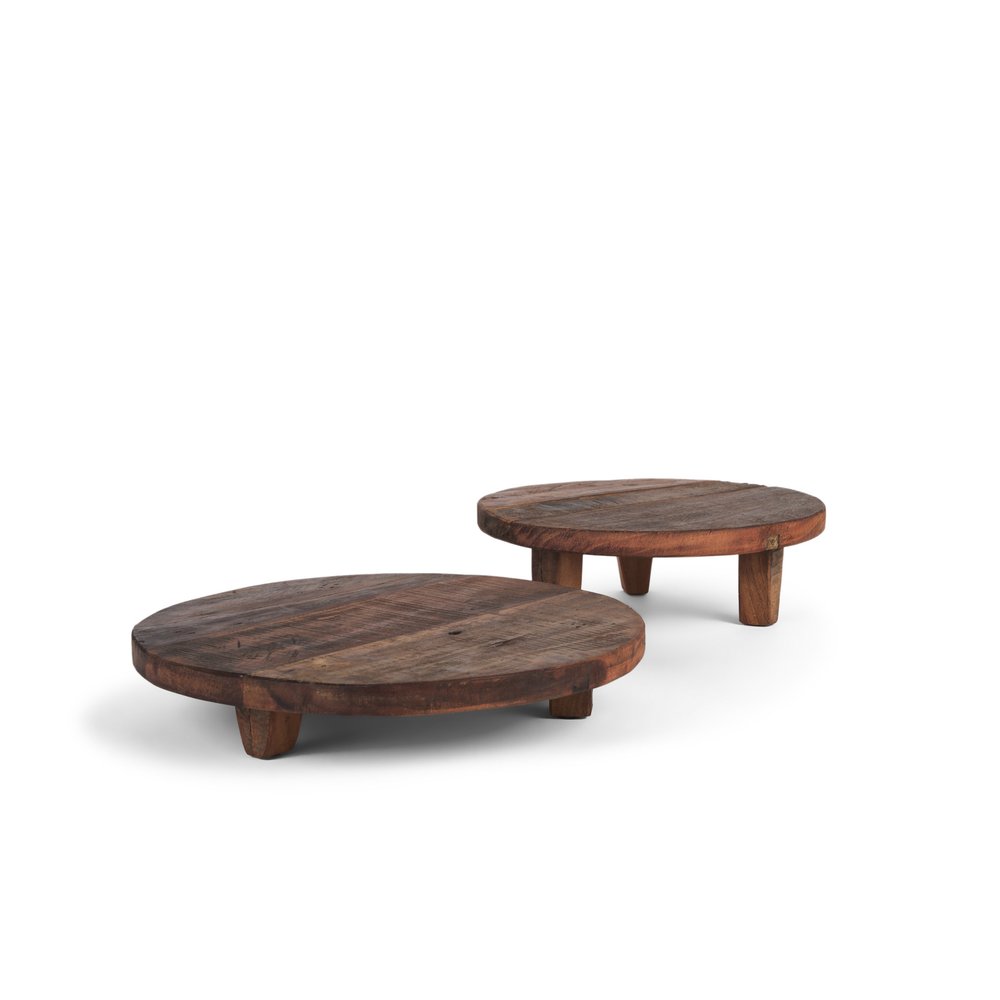 Set of Two Brown Reclaimed Wood Handmade Round Riser Trays