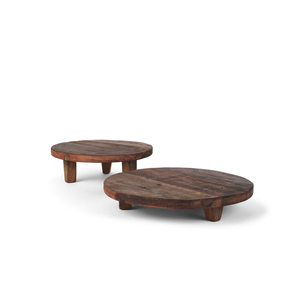 Set of Two Brown Reclaimed Wood Handmade Round Riser Trays
