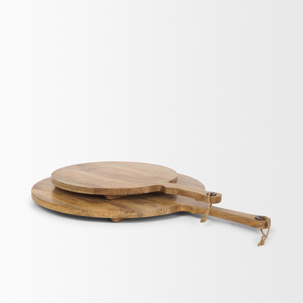 Set of Two Natural Solid Wood Handmade Round Serve Boards With Handles