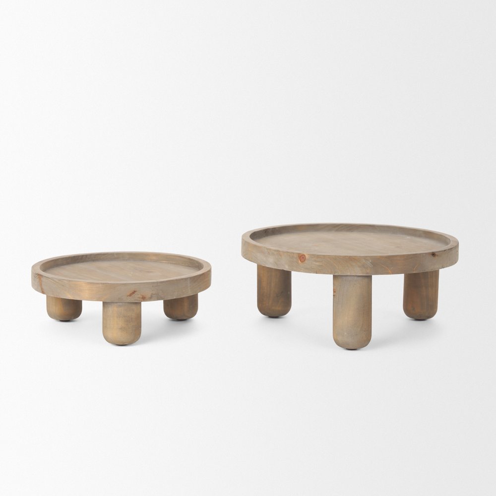 Set of Two Gray And Natural Solid Wood Handmade Round Risers