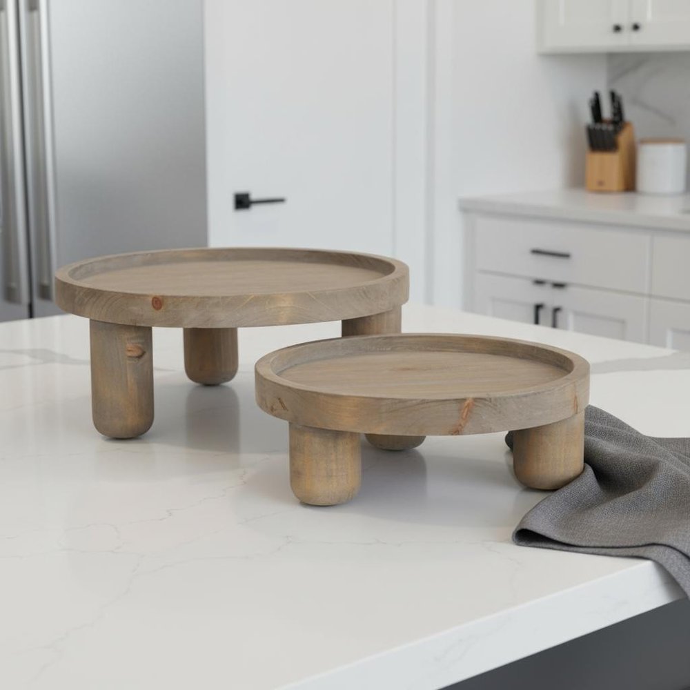 Set of Two Gray And Natural Solid Wood Handmade Round Risers