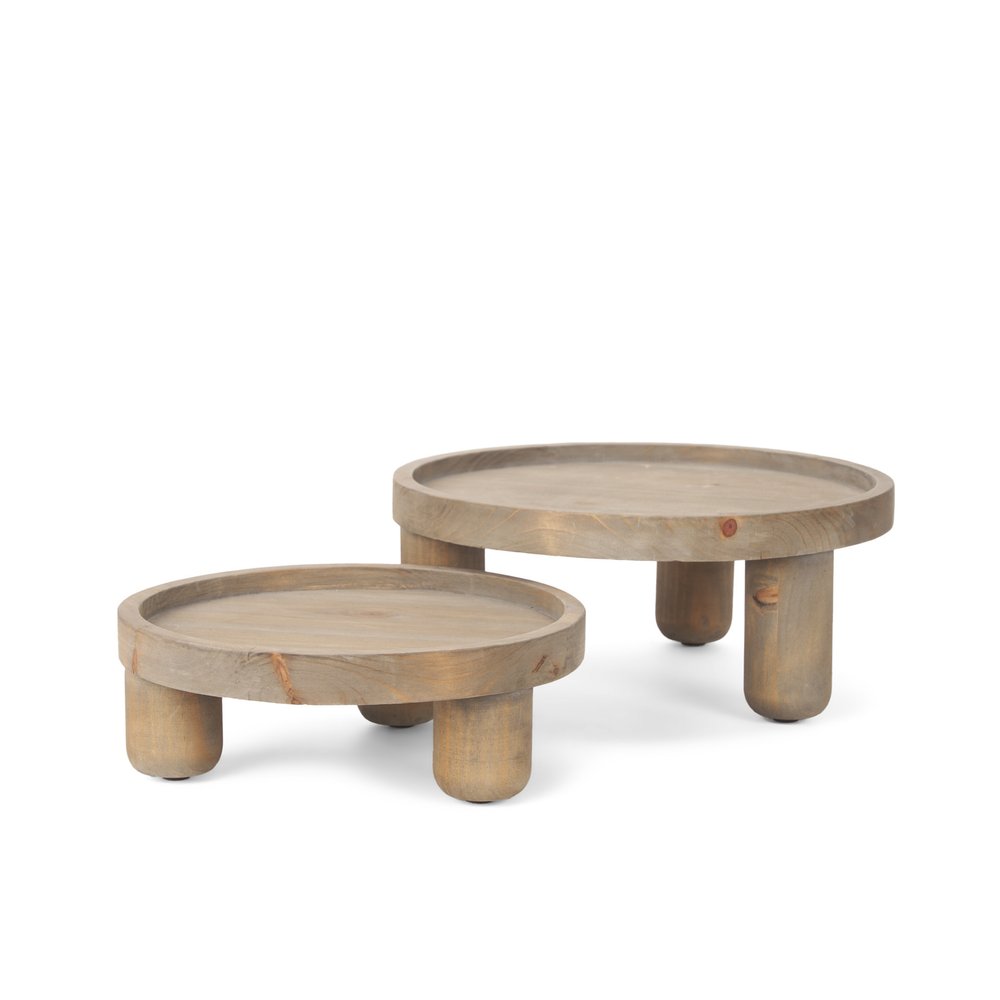 Set of Two Gray And Natural Solid Wood Handmade Round Risers