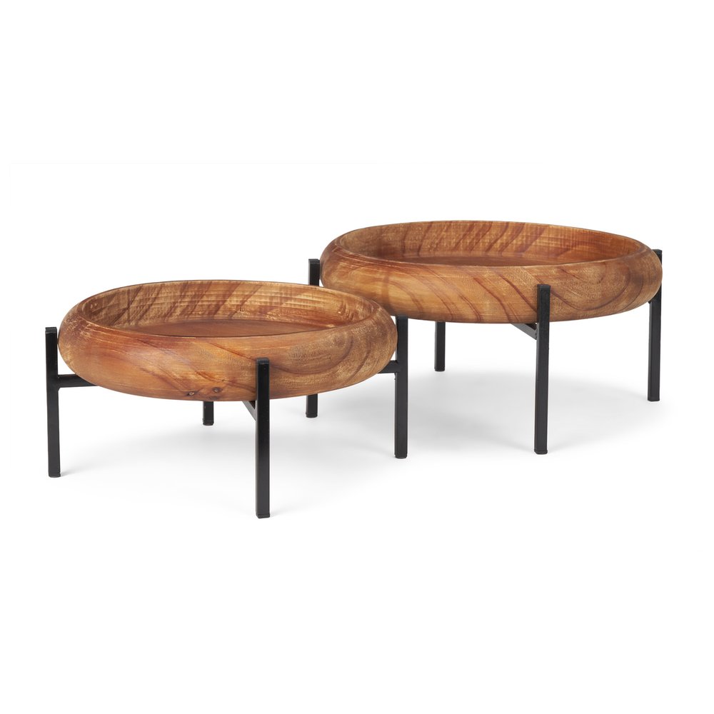Set of Two Brown Solid Wood Handmade Round Serving Trays With Stands