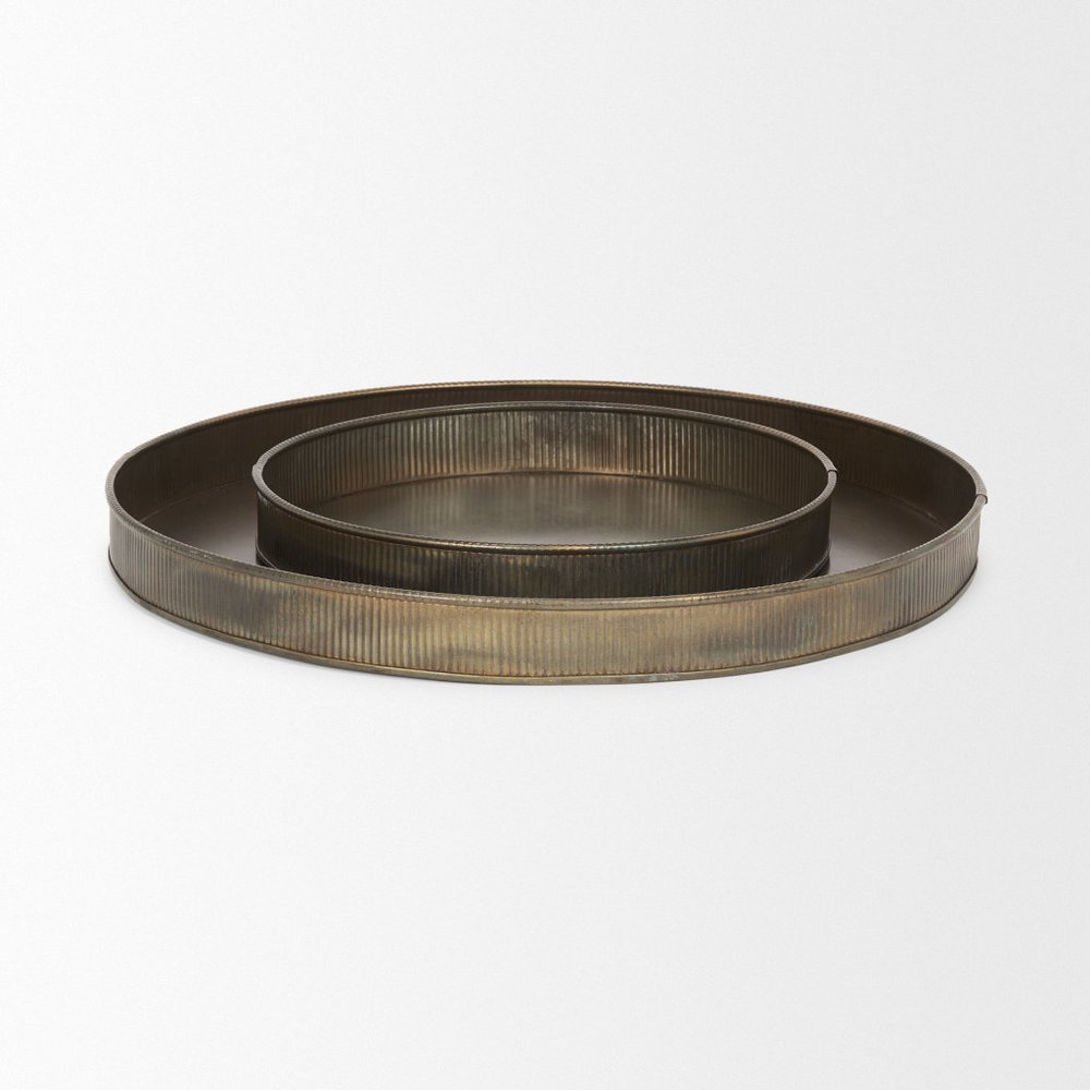 Set of Two Yellow Round Metal Handmade Serving Tray