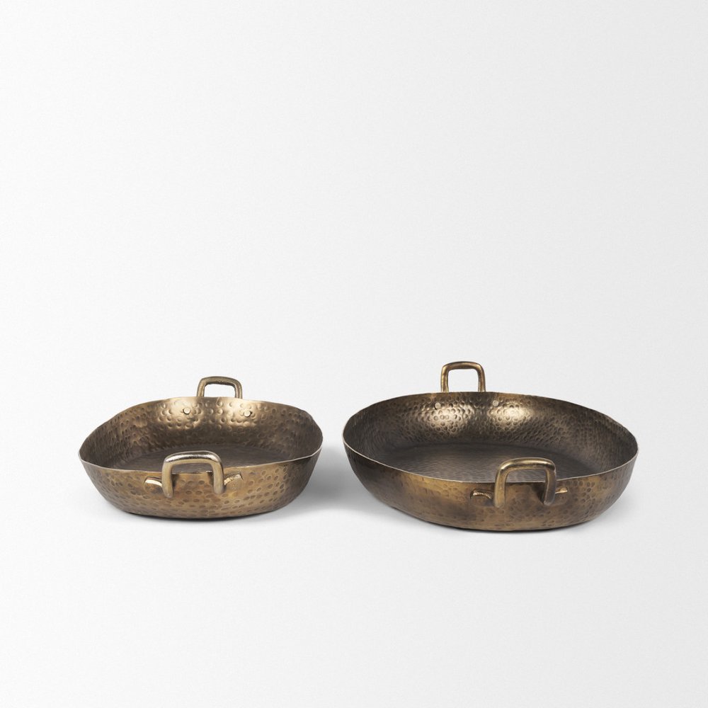 Set of Two Gold Oval Metal Handmade Serving Tray With Handles