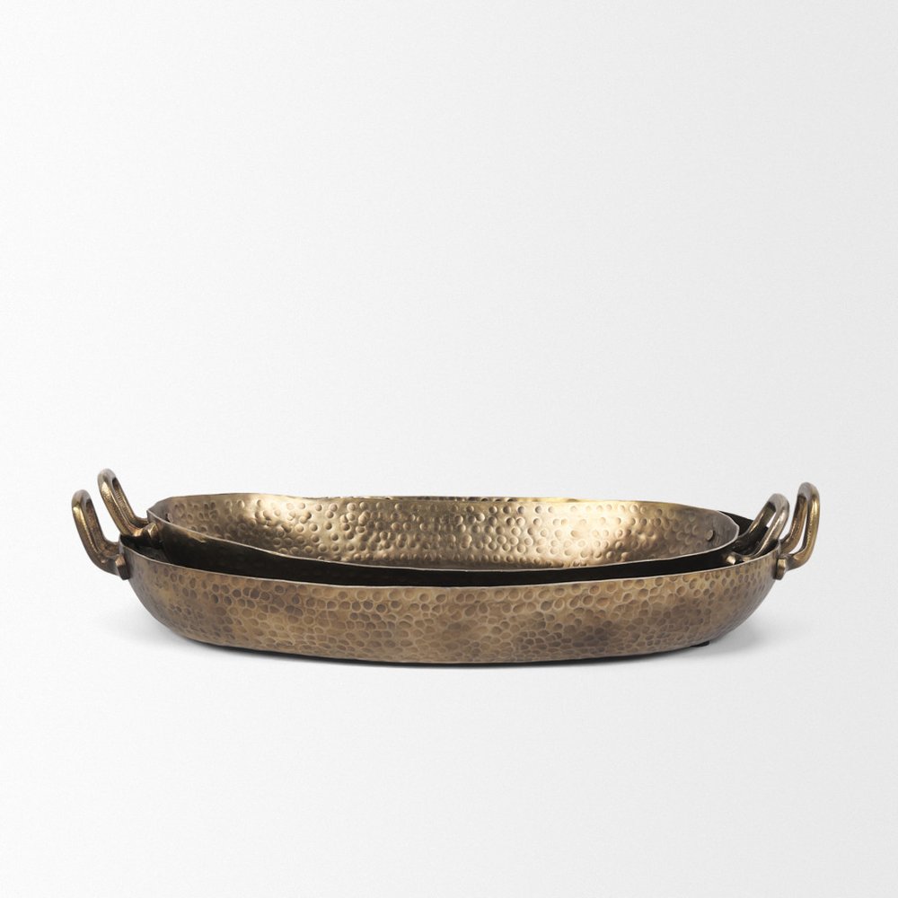 Set of Two Gold Oval Metal Handmade Serving Tray With Handles