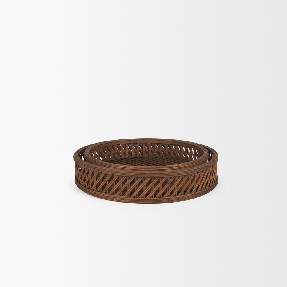 Set of Two Brown Round Wicker Handmade Serving Tray