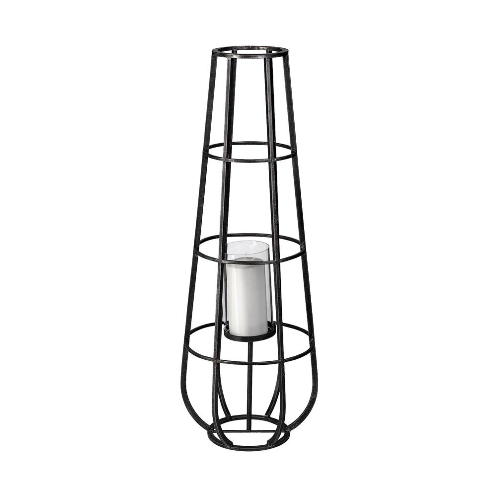 40" Black Distressed Geometric Metal Lantern Candle Holder