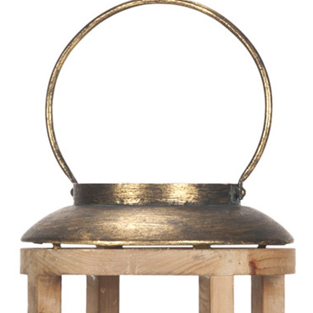 35" Natural And Brass Distressed Geometric Solid Wood And Metal Tabletop Lantern Candle Holder