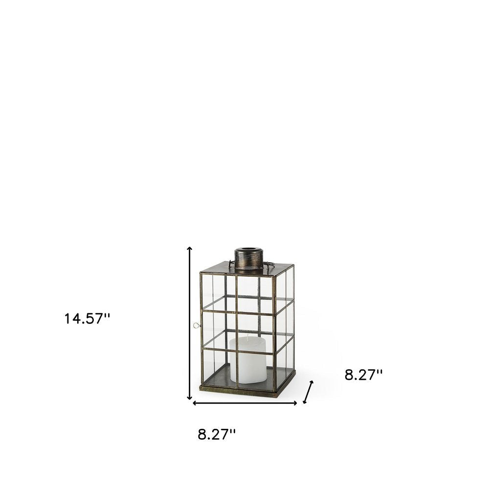 15" Gold Distressed Geometric Metal And Glass Tabletop Lantern Candle Holder