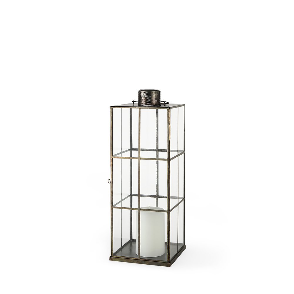 23" Gold Distressed Geometric Metal And Glass Tabletop Lantern Candle Holder