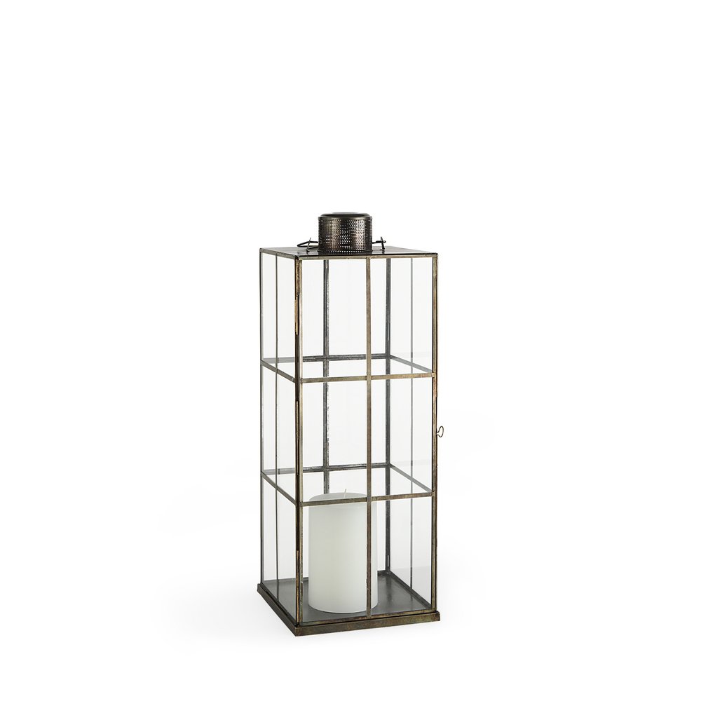 23" Gold Distressed Geometric Metal And Glass Tabletop Lantern Candle Holder