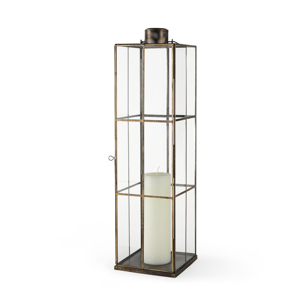 31" Gold Distressed Geometric Metal Tabletop Lantern Candle Holder