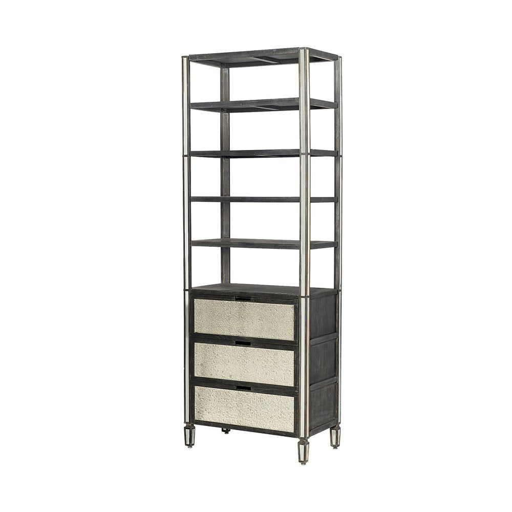 32" Dark Brown Solid Wood and Mirrored Glass Four Tier Bookcase with Three Drawers
