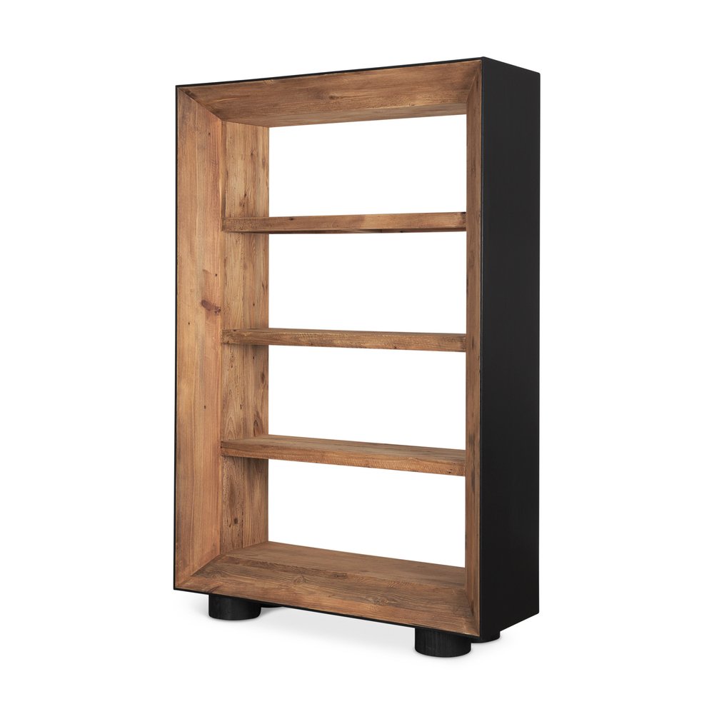 72" Black And Natural Distressed Solid Wood Three Tier Bookcase