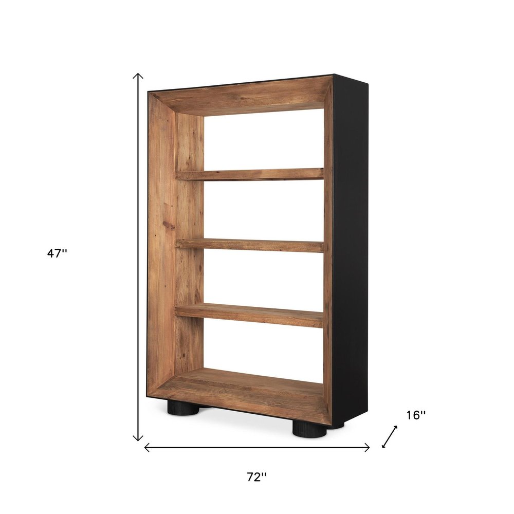 72" Black And Natural Distressed Solid Wood Three Tier Bookcase