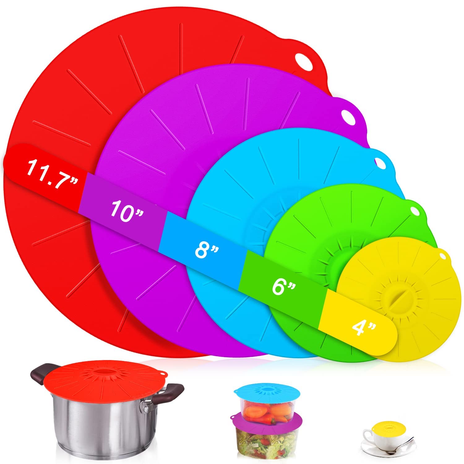 Silicone lids - 5 Pack Heat Resistant Microwave Splatter Cover, Reusable silicone Suction lids for food storage Fits Bowls, Cups, Skillets, Plates, Pots, Pans StoveTop, Oven, Fridge Safe
