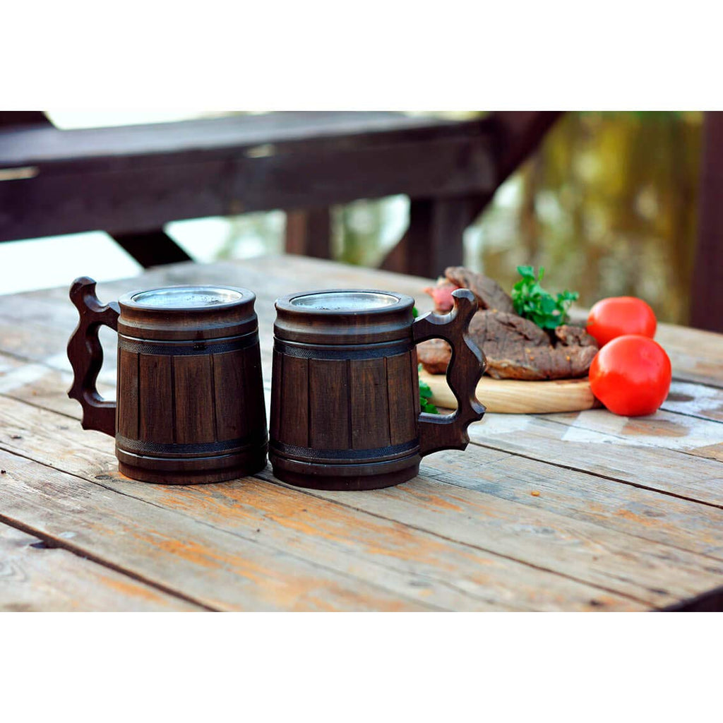 Handmade Beer Mug Oak Wood Stainless Steel Cup Box Natural 10oz Classic Brown
