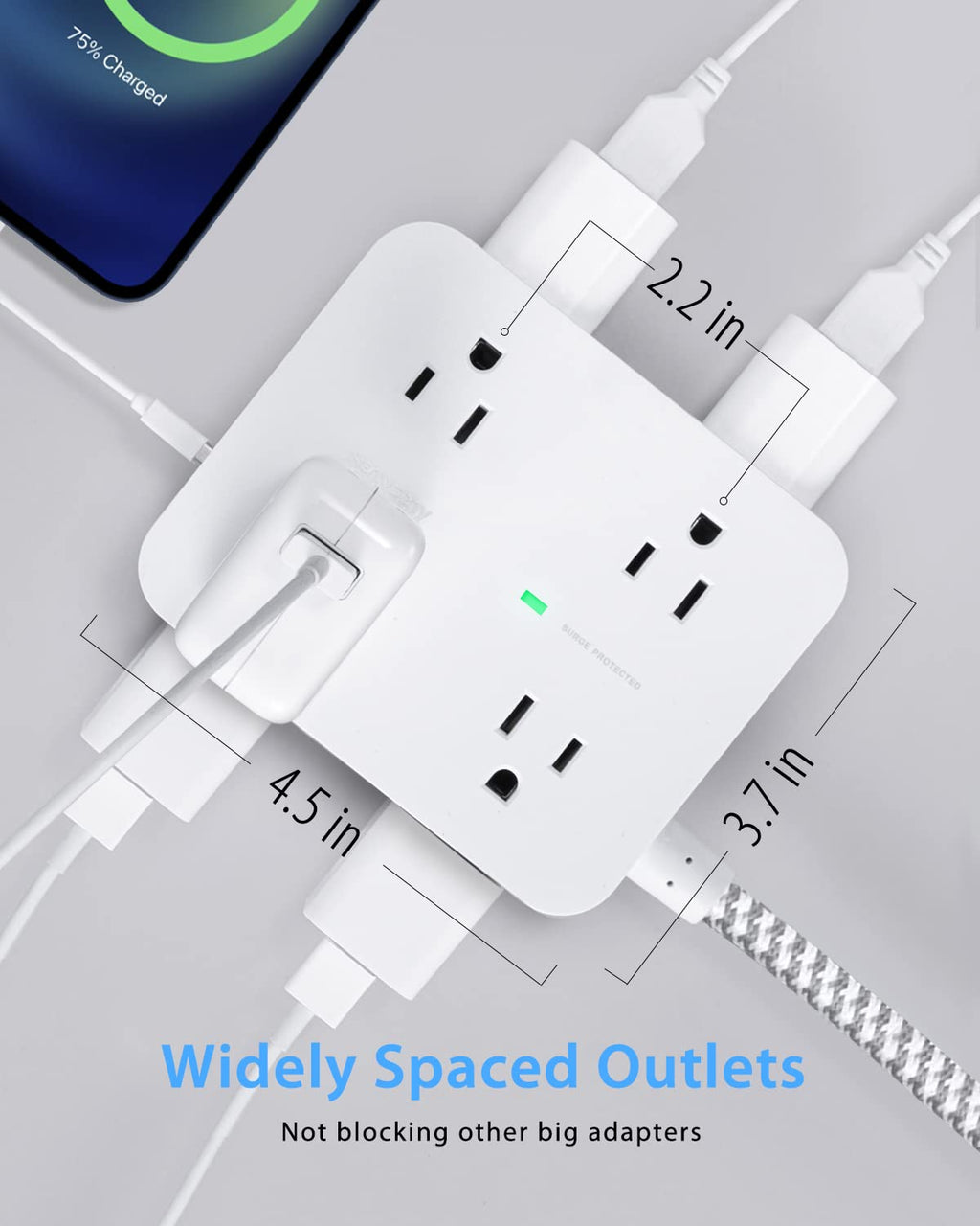 Surge Protector Power Strip - 8 Widely Outlets + 4 USB Charging Ports, 5-ft cord