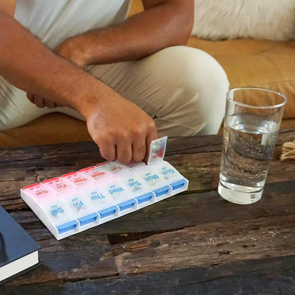 Push Button (7-Day) Pill Case, Medicine / Vitamin Organizer, 2 Times a Day AM/PM