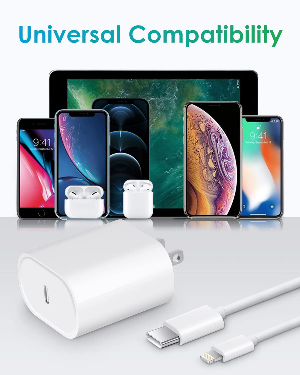 20W Fast Charger & 6ft cable for iPhone 12/13, USB-C, MFi Apple Certified