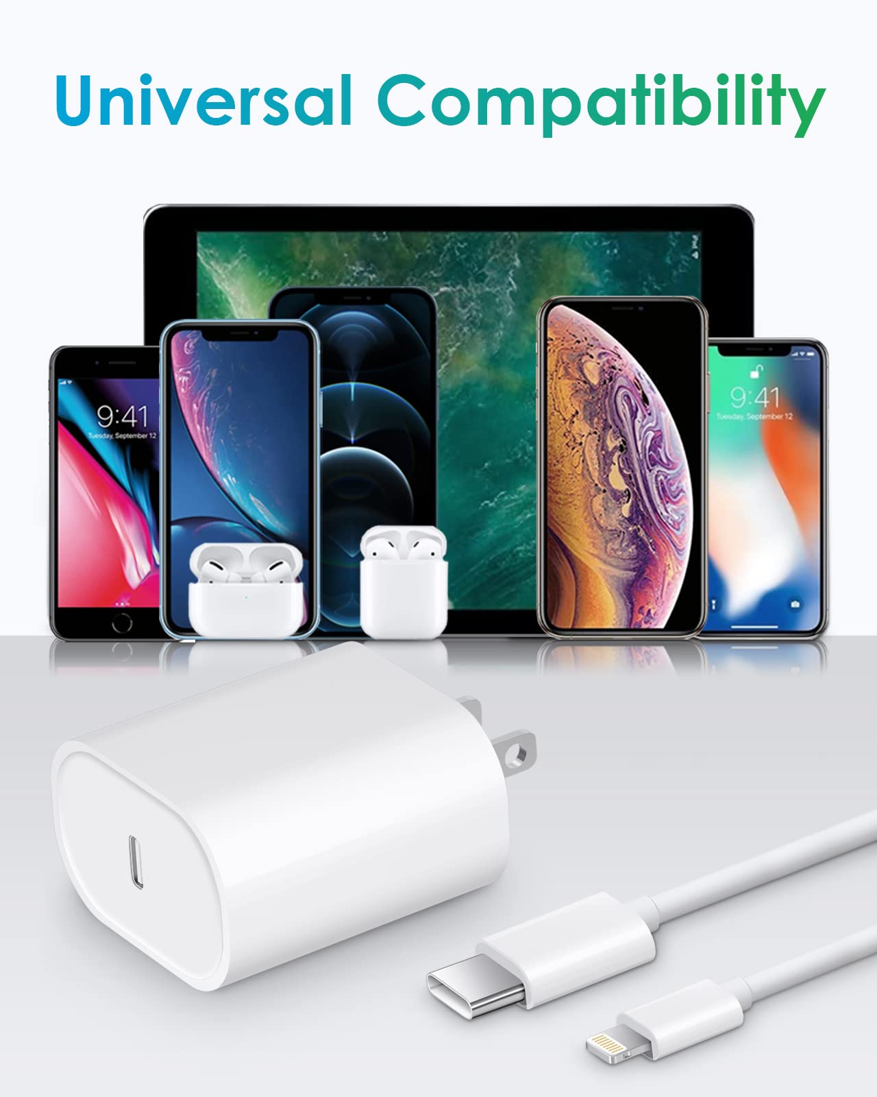 20W Fast Charger & 6ft cable for iPhone 12/13, USB-C, MFi Apple Certified