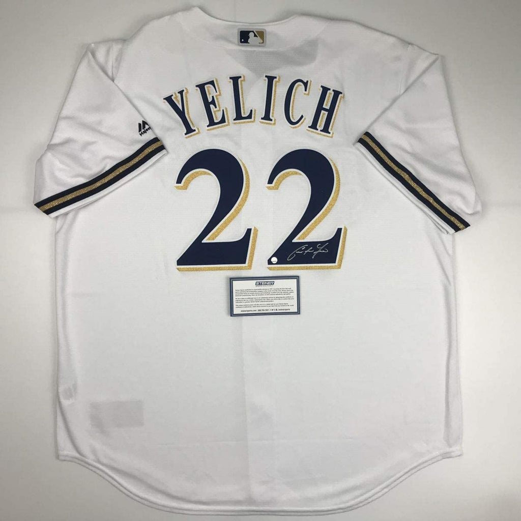 Autographed/Signed Christian Yelich Milwaukee Brewers White Cool Base Baseball Jersey Steiner Sports COA
