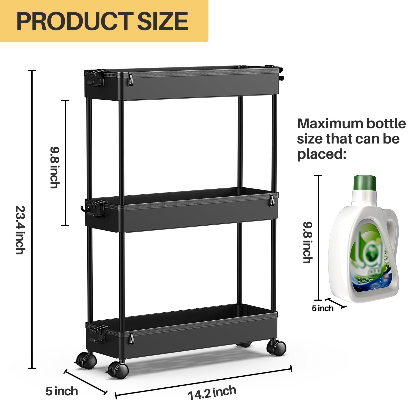 SPACEKEEPER Slim Rolling Storage Cart, 3 Tier Utility Cart Mobile , Black