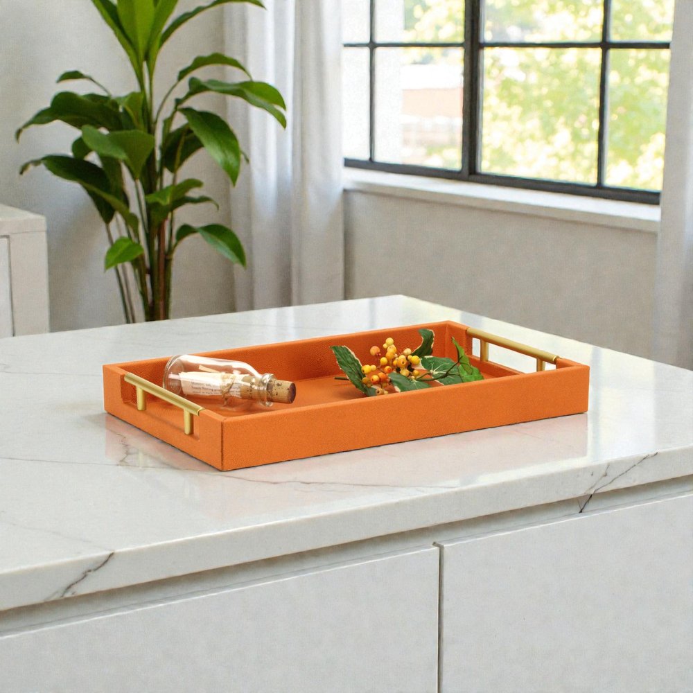 16" Orange And Gold Faux Shagreen Handmade Serving Tray With Handles