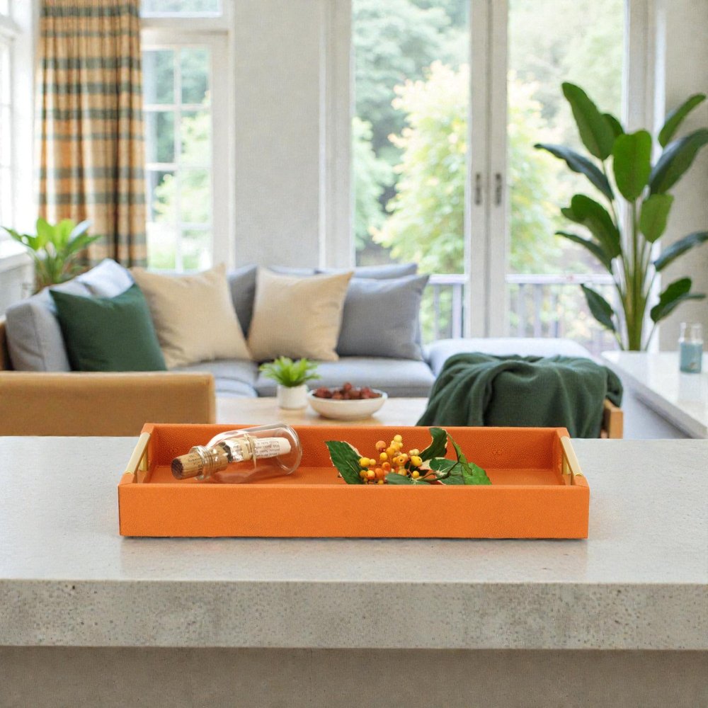 16" Orange And Gold Faux Shagreen Handmade Serving Tray With Handles