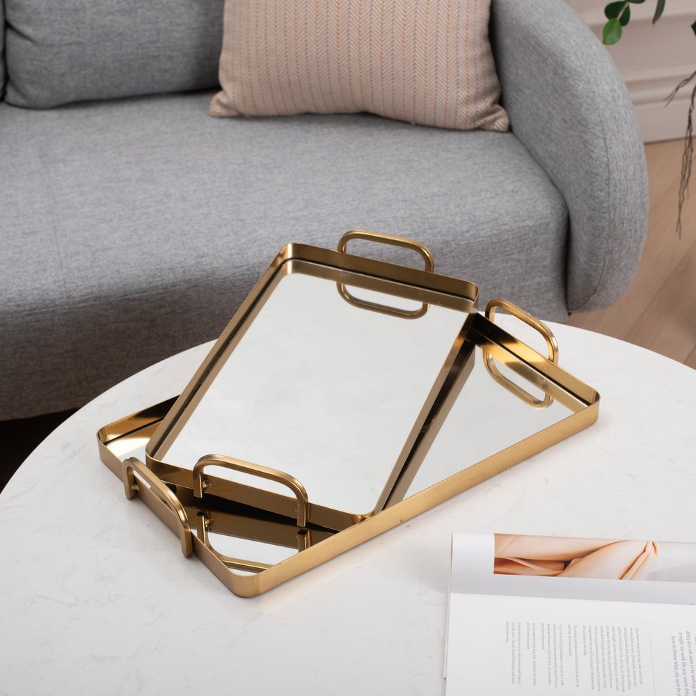 Set of Two Gold And Mirrored Glass Handmade Serving Trays