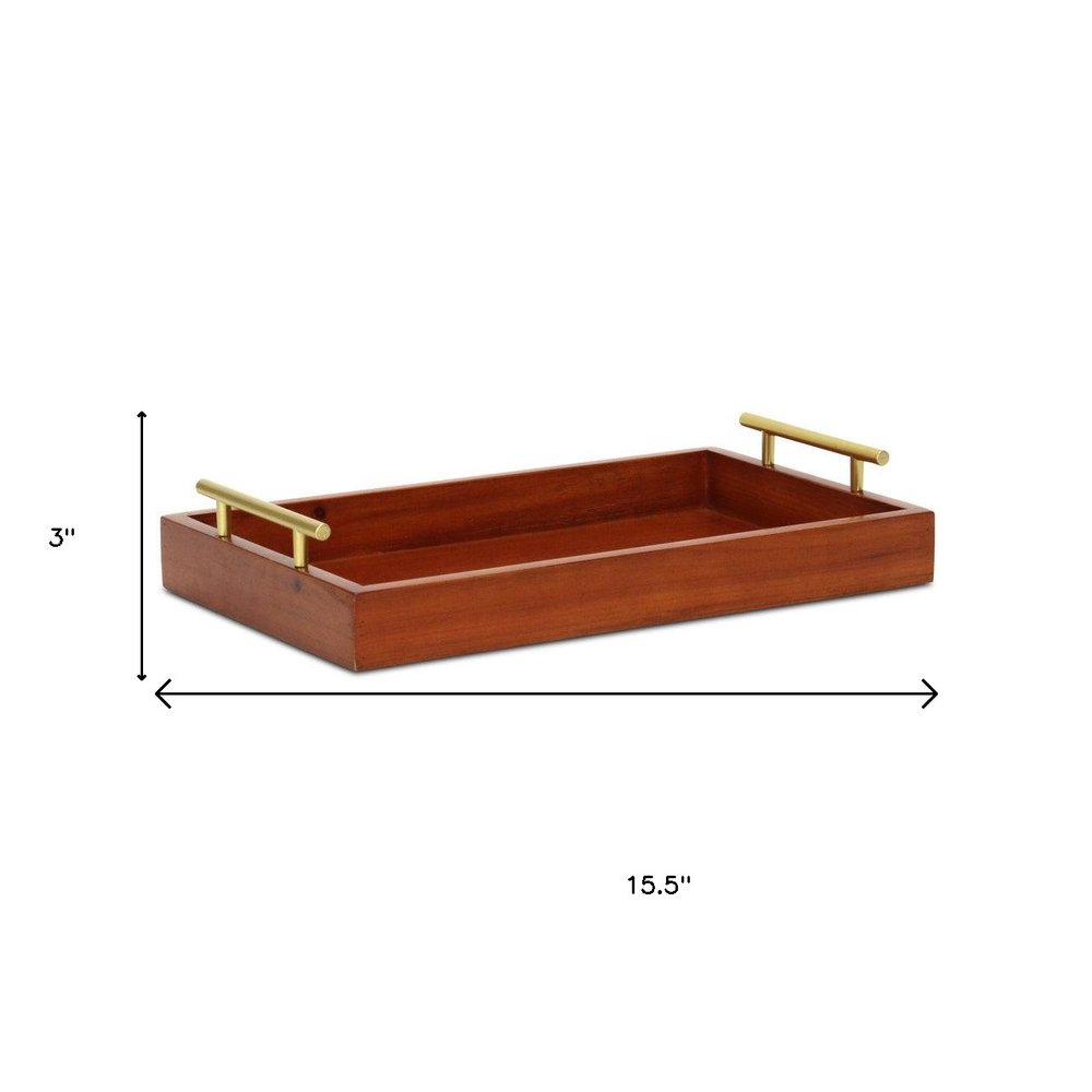 16" Brown And Gold Solid Wood Handmade Serving Tray With Handles