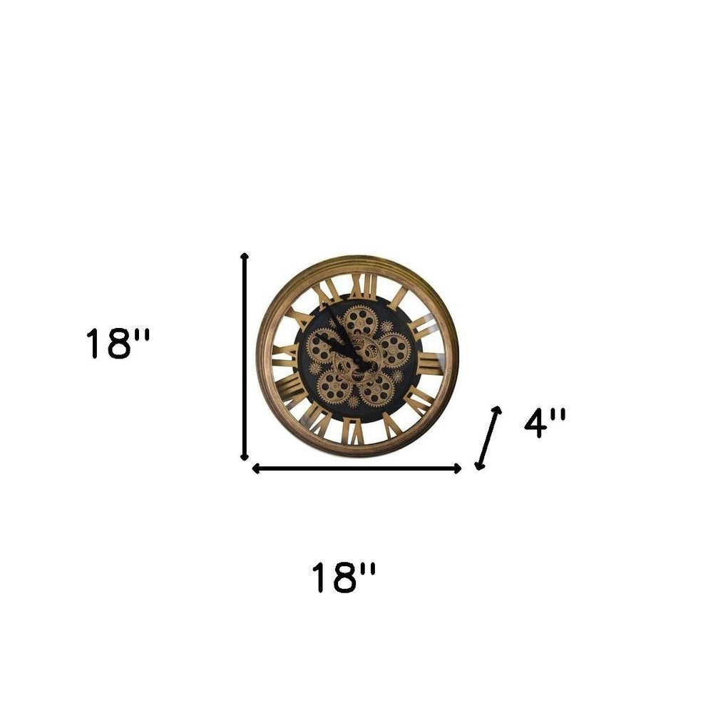 18" Antiqued Gold And Black Metal Silent Skeleton Exposed Gear Round Wall Clock