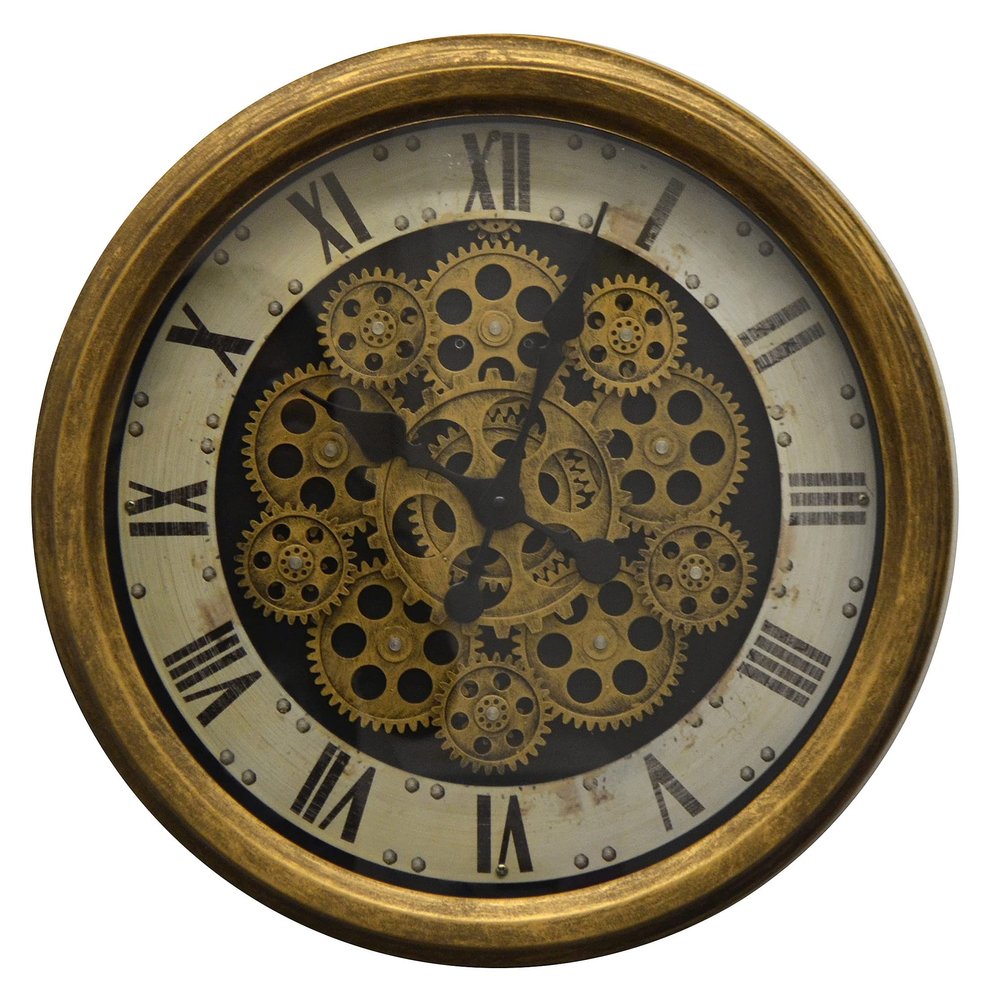18" Antiqued Gold White And Black Metal Silent Skeleton Distressed Exposed Gear Round Wall Clock