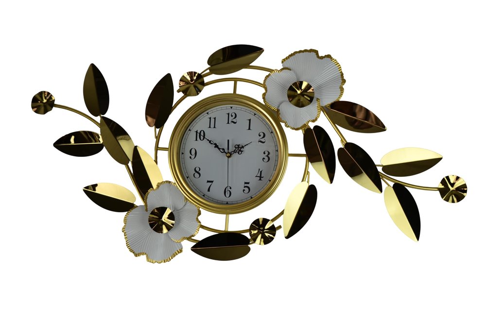 40" Gold And White Metal Silent Analog Floral Novelty Wall Clock